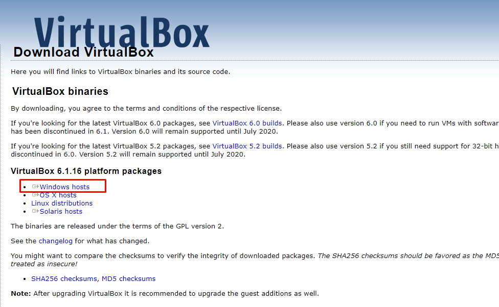 virtual box download page